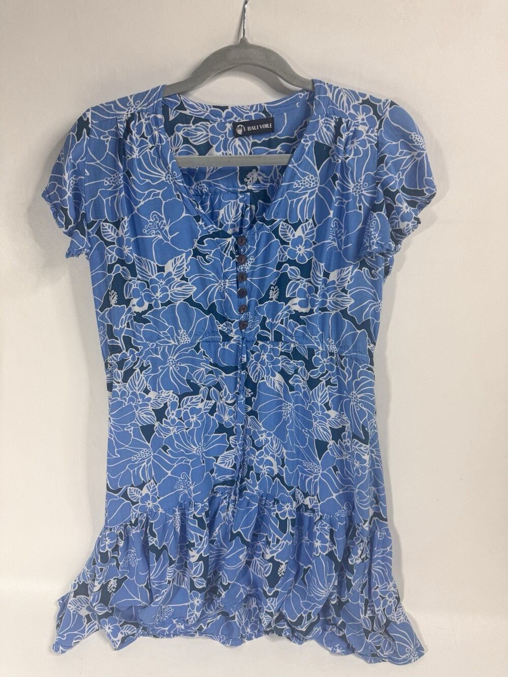 Bali Voile Tropical Dress Floral Wood Button Tie Waist Medium Beach Resort Wear